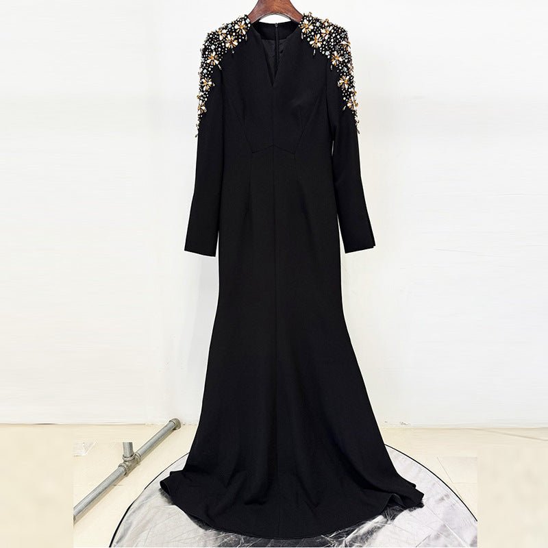 Heavy Industry Beads Diamond Front Slit Small Trailing Dress - LADYLINE X