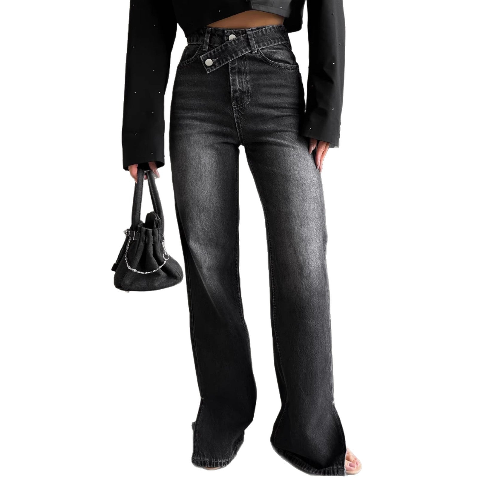 High - waisted, Slightly Flared, Washed Denim Jeans With A Slanted Waistband - LADYLINE X