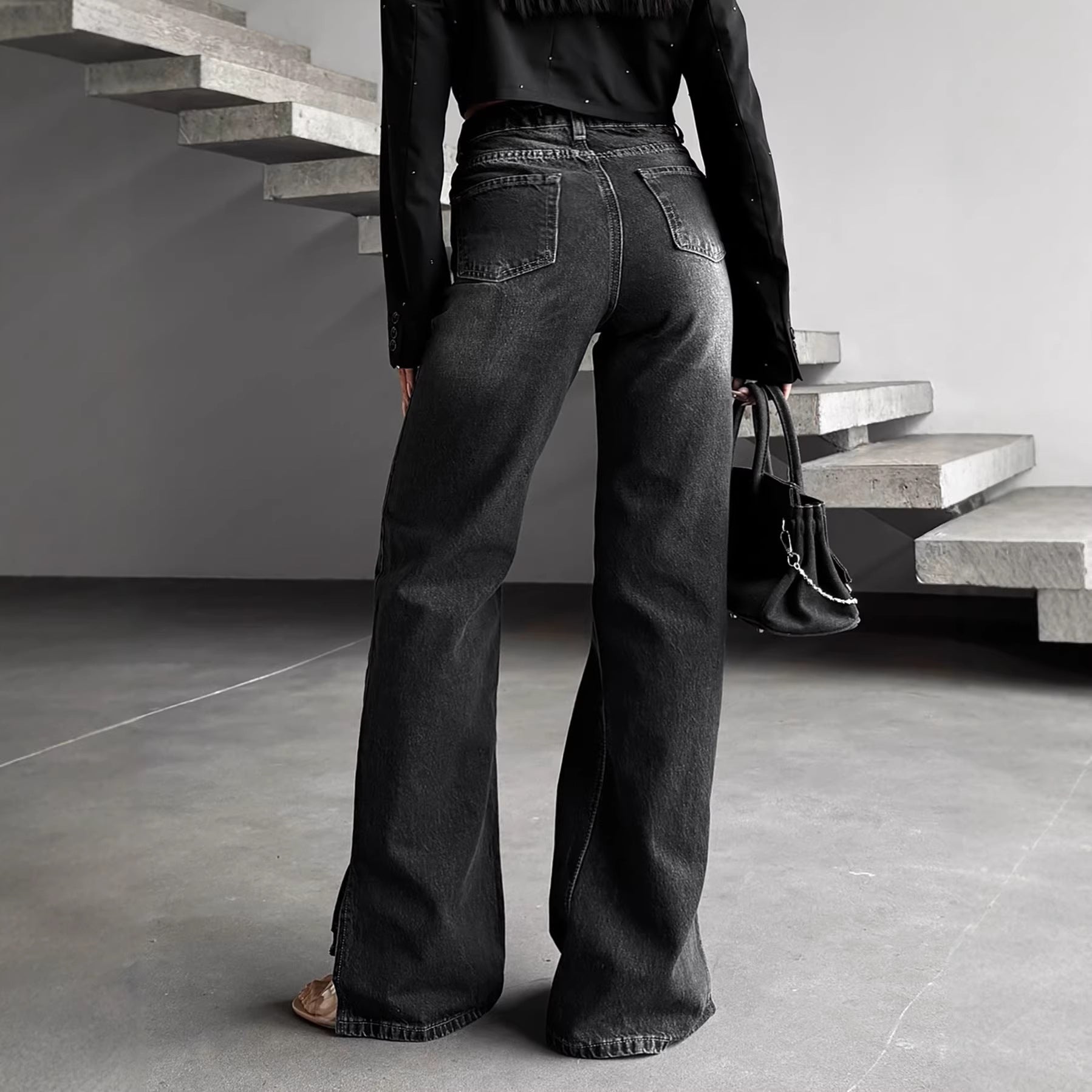 High - waisted, Slightly Flared, Washed Denim Jeans With A Slanted Waistband - LADYLINE X