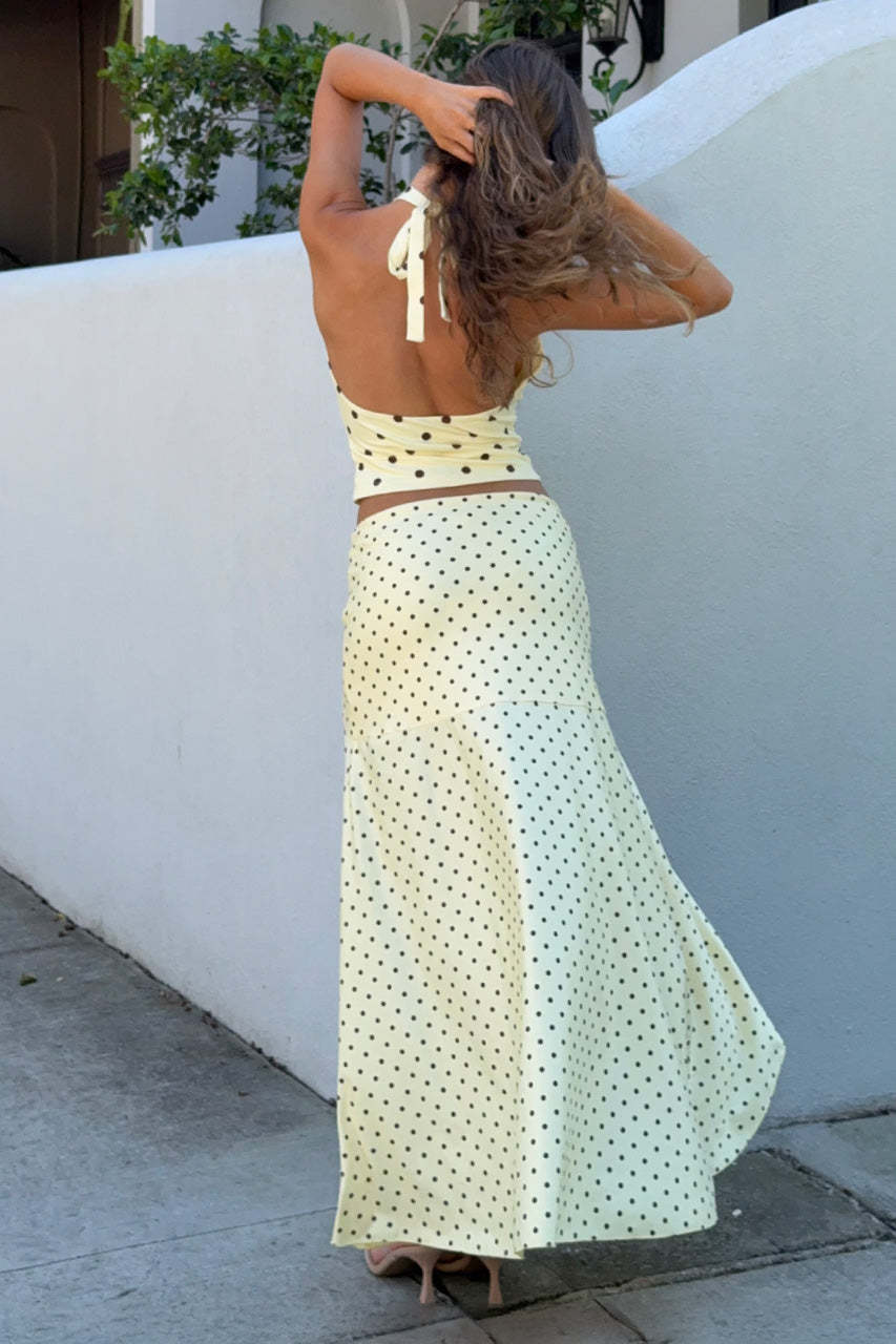 Lace Up Sexy Halterneck Polka Dot Pleated Top And Skirt Set - LADYLINE X