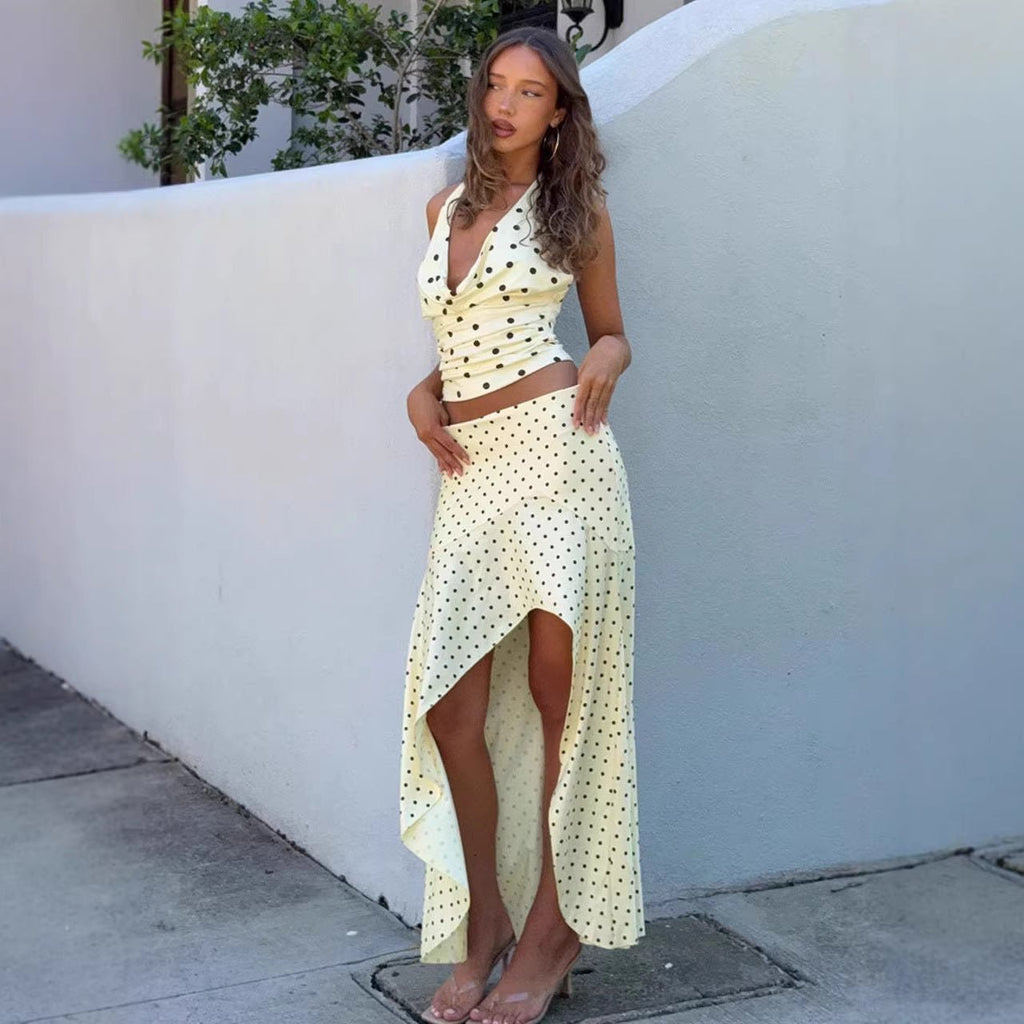 Lace Up Sexy Halterneck Polka Dot Pleated Top And Skirt Set - LADYLINE X