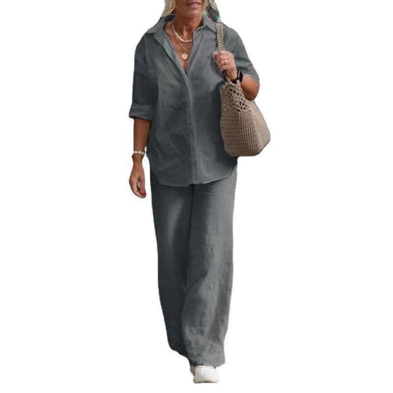 Lapel - collar Long - sleeve Shirt Casual Solid - color Pants Wide - leg Set - LADYLINE X