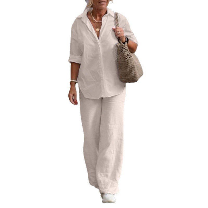 Lapel - collar Long - sleeve Shirt Casual Solid - color Pants Wide - leg Set - LADYLINE X