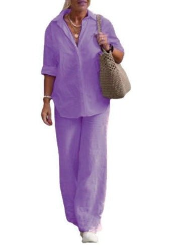 Lapel - collar Long - sleeve Shirt Casual Solid - color Pants Wide - leg Set - LADYLINE X