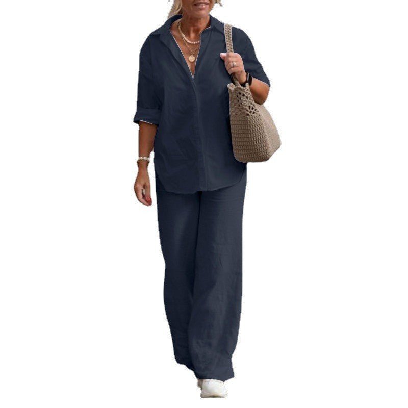 Lapel - collar Long - sleeve Shirt Casual Solid - color Pants Wide - leg Set - LADYLINE X