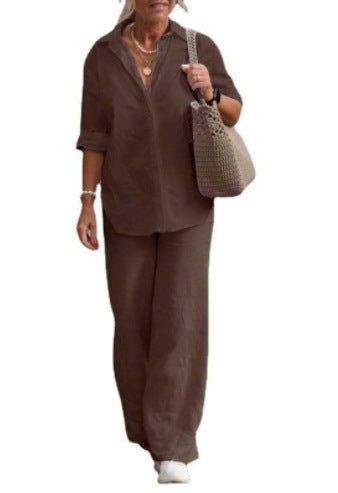 Lapel - collar Long - sleeve Shirt Casual Solid - color Pants Wide - leg Set - LADYLINE X