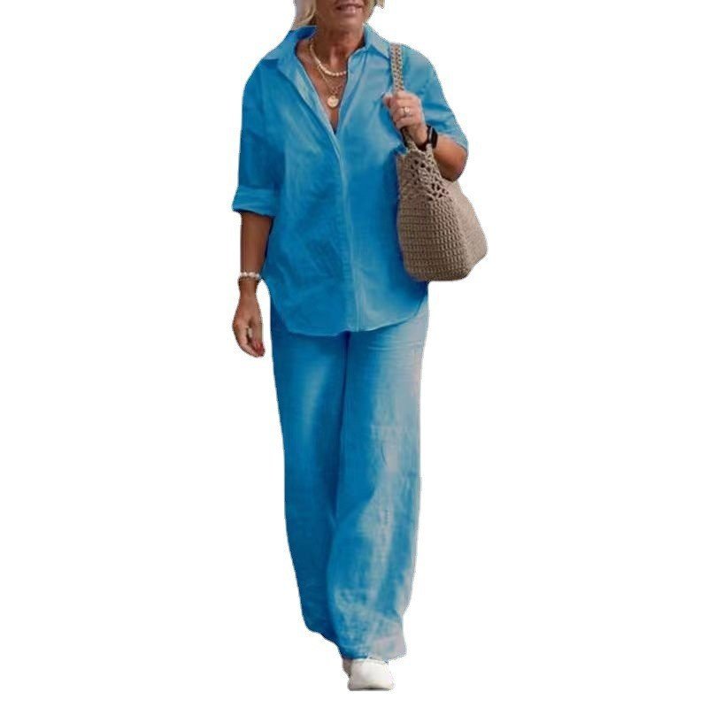 Lapel - collar Long - sleeve Shirt Casual Solid - color Pants Wide - leg Set - LADYLINE X