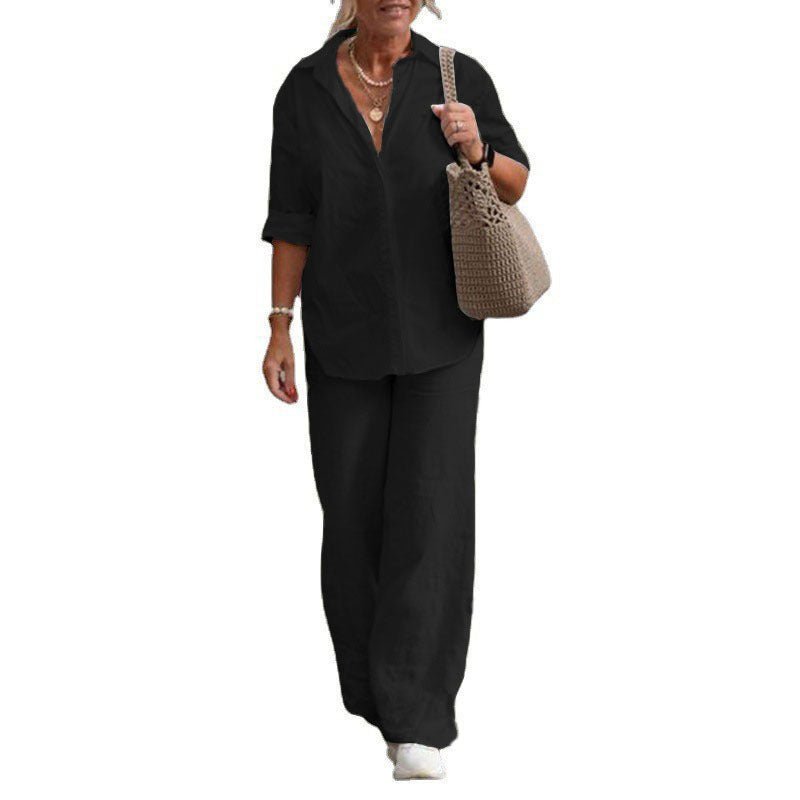 Lapel - collar Long - sleeve Shirt Casual Solid - color Pants Wide - leg Set - LADYLINE X