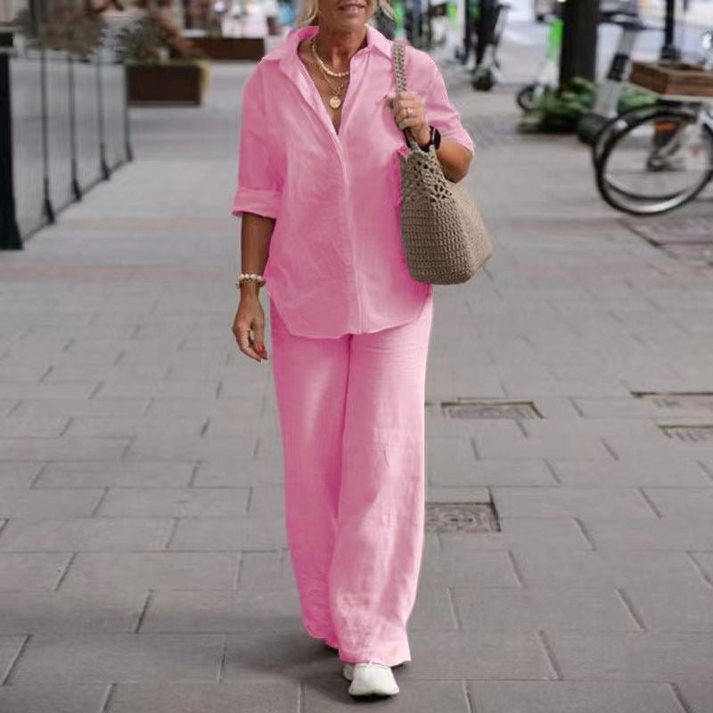 Lapel - collar Long - sleeve Shirt Casual Solid - color Pants Wide - leg Set - LADYLINE X