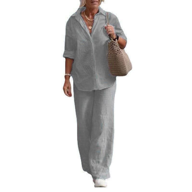 Lapel - collar Long - sleeve Shirt Casual Solid - color Pants Wide - leg Set - LADYLINE X