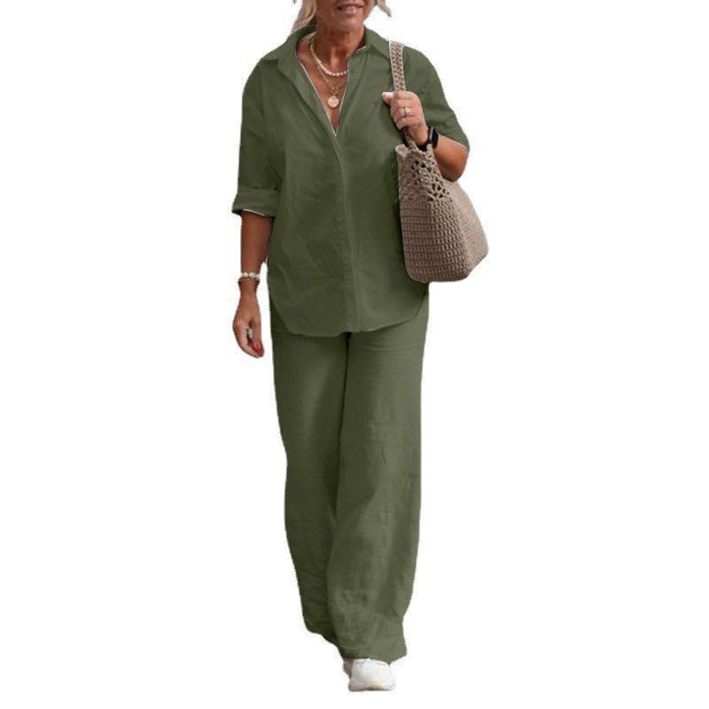 Lapel - collar Long - sleeve Shirt Casual Solid - color Pants Wide - leg Set - LADYLINE X