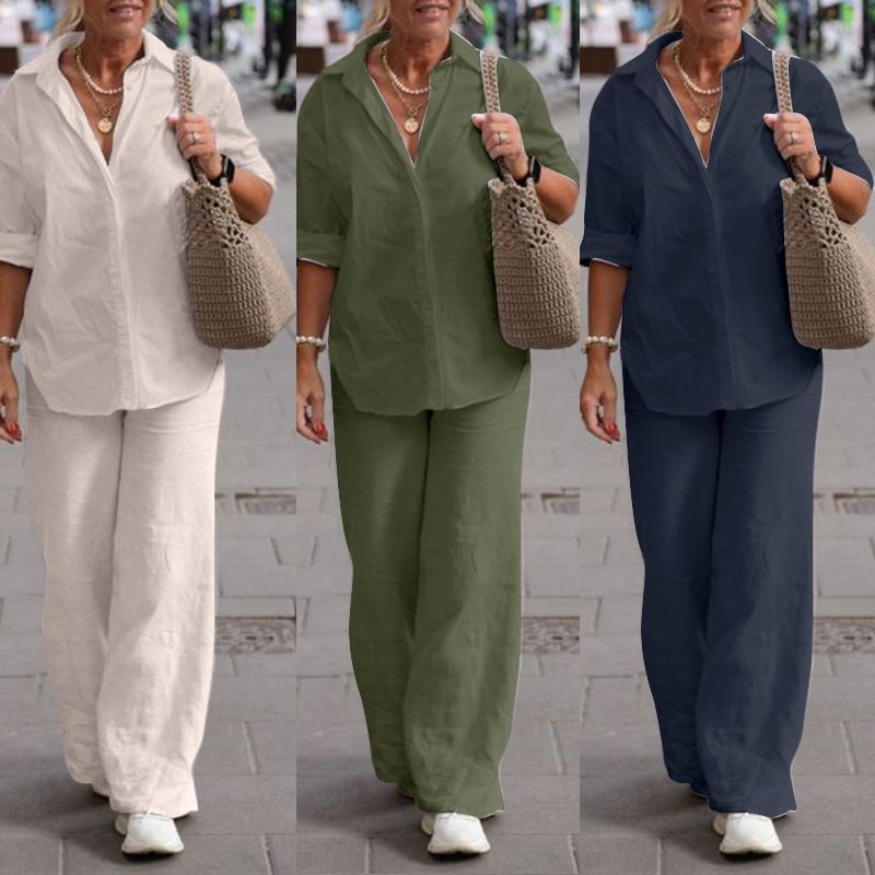 Lapel - collar Long - sleeve Shirt Casual Solid - color Pants Wide - leg Set - LADYLINE X