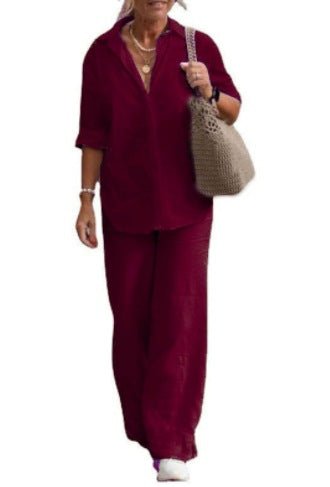 Lapel - collar Long - sleeve Shirt Casual Solid - color Pants Wide - leg Set - LADYLINE X