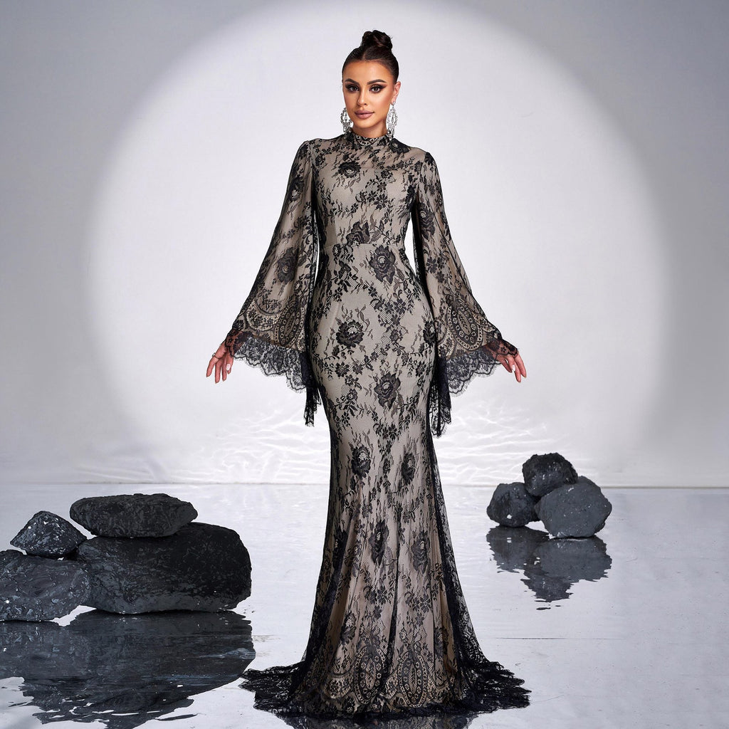 Long Sleeve Round Neck Sexy Lace Banquet Dress - LADYLINE X