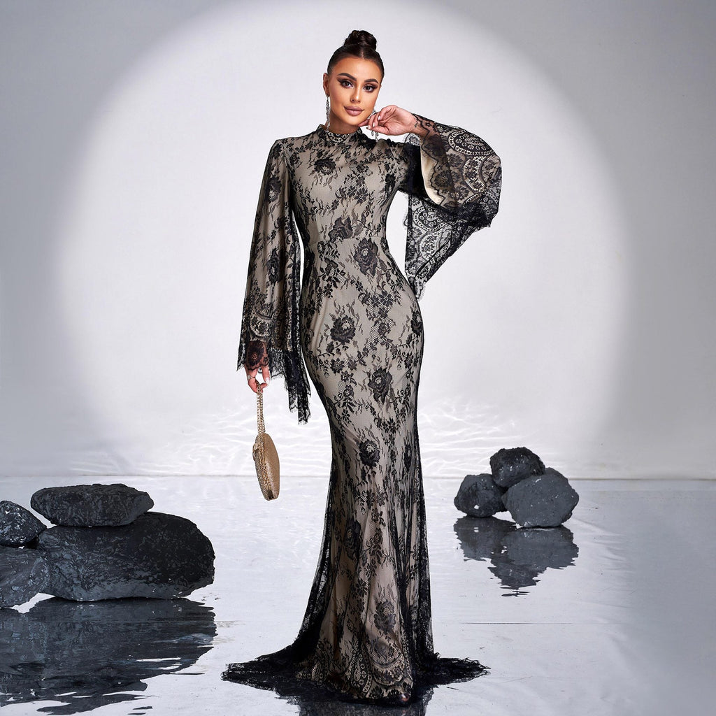 Long Sleeve Round Neck Sexy Lace Banquet Dress - LADYLINE X