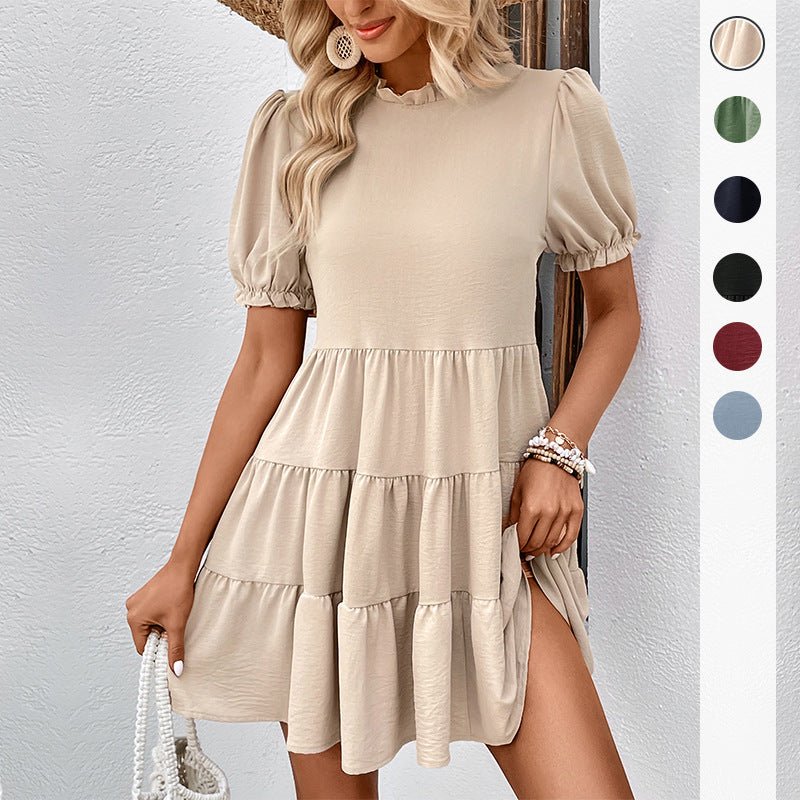 Loose - fitting Round - neck Short - sleeve Pleated Solid - color Dress - LADYLINE X