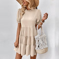 Loose - fitting Round - neck Short - sleeve Pleated Solid - color Dress - LADYLINE X