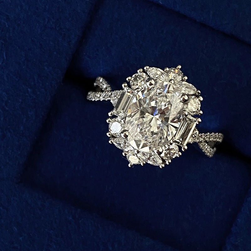 Luxury Design Oval Simulated Moissanite Engagement Ring, White Gold Plated Cluster Zircon Ring For Women, Wholesale - LADYLINE X