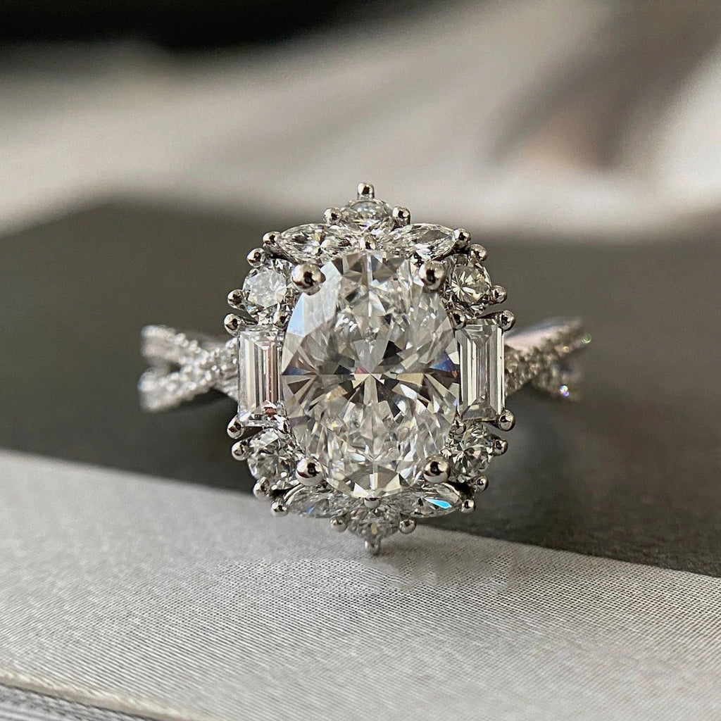 Luxury Design Oval Simulated Moissanite Engagement Ring, White Gold Plated Cluster Zircon Ring For Women, Wholesale - LADYLINE X