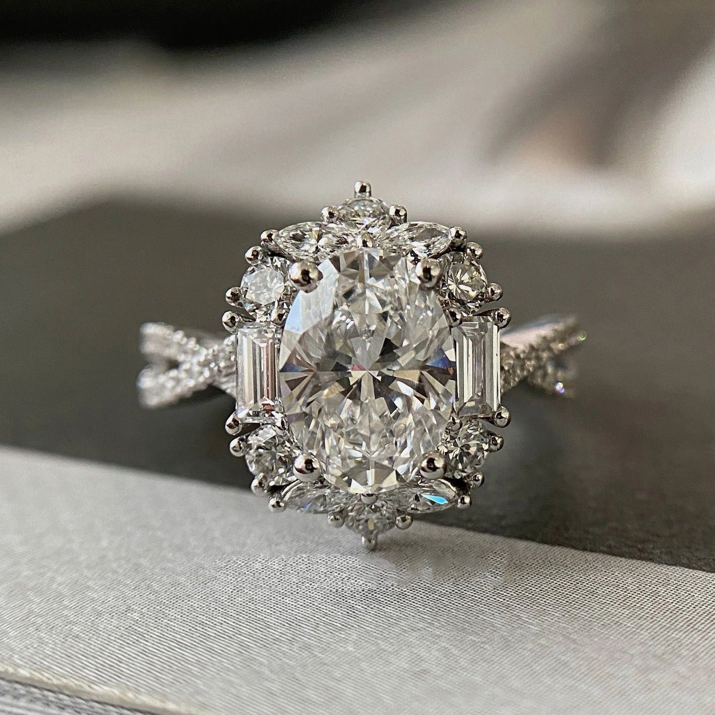 Luxury Design Oval Simulated Moissanite Engagement Ring, White Gold Plated Cluster Zircon Ring For Women, Wholesale - LADYLINE X