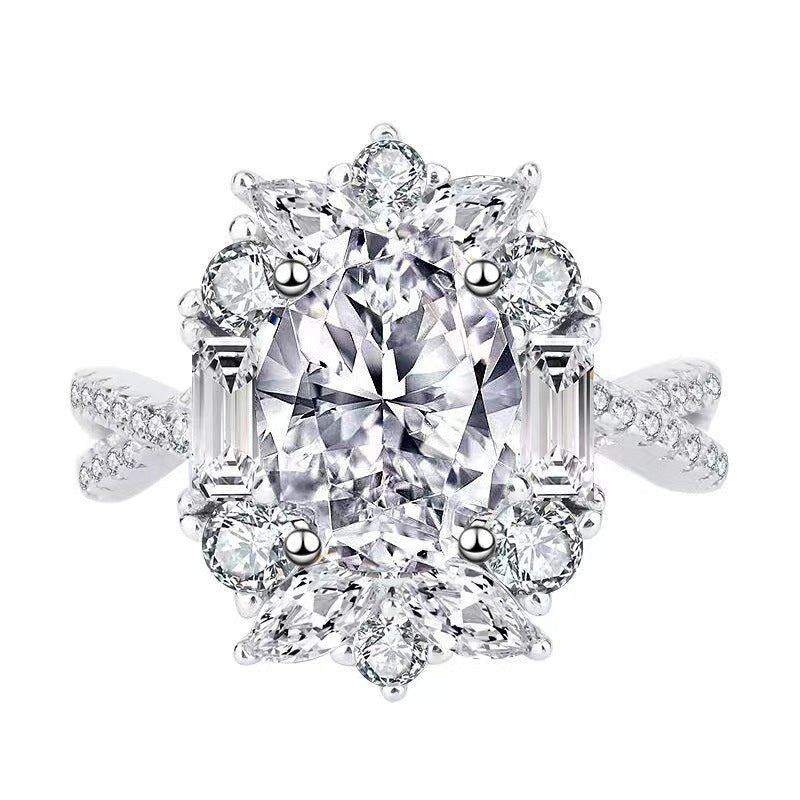 Luxury Design Oval Simulated Moissanite Engagement Ring, White Gold Plated Cluster Zircon Ring For Women, Wholesale - LADYLINE X