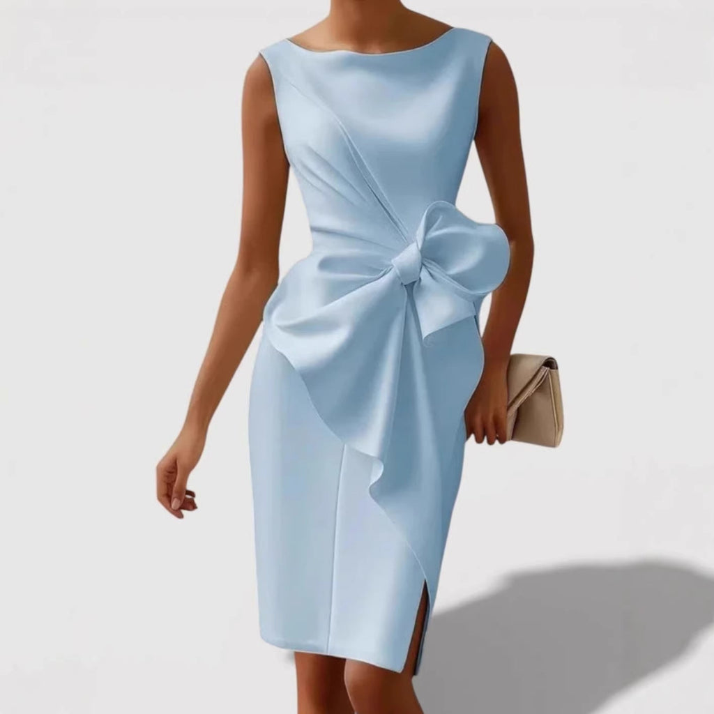 Mid - length Fitted Dress With A Cinched Waist And Bow Detail - LADYLINE X