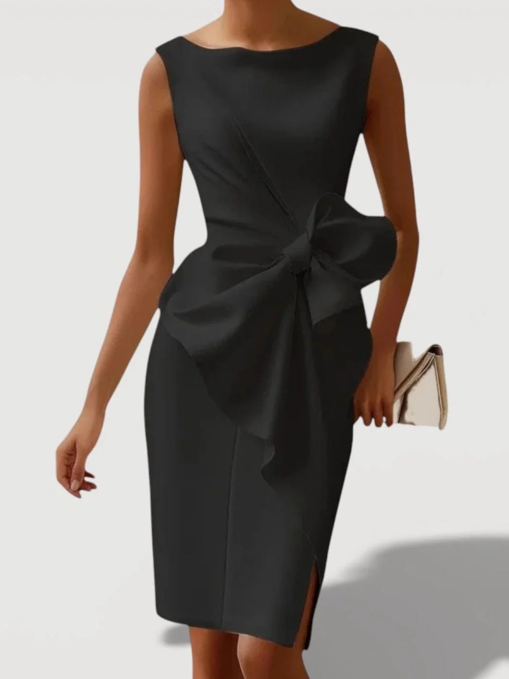 Mid - length Fitted Dress With A Cinched Waist And Bow Detail - LADYLINE X