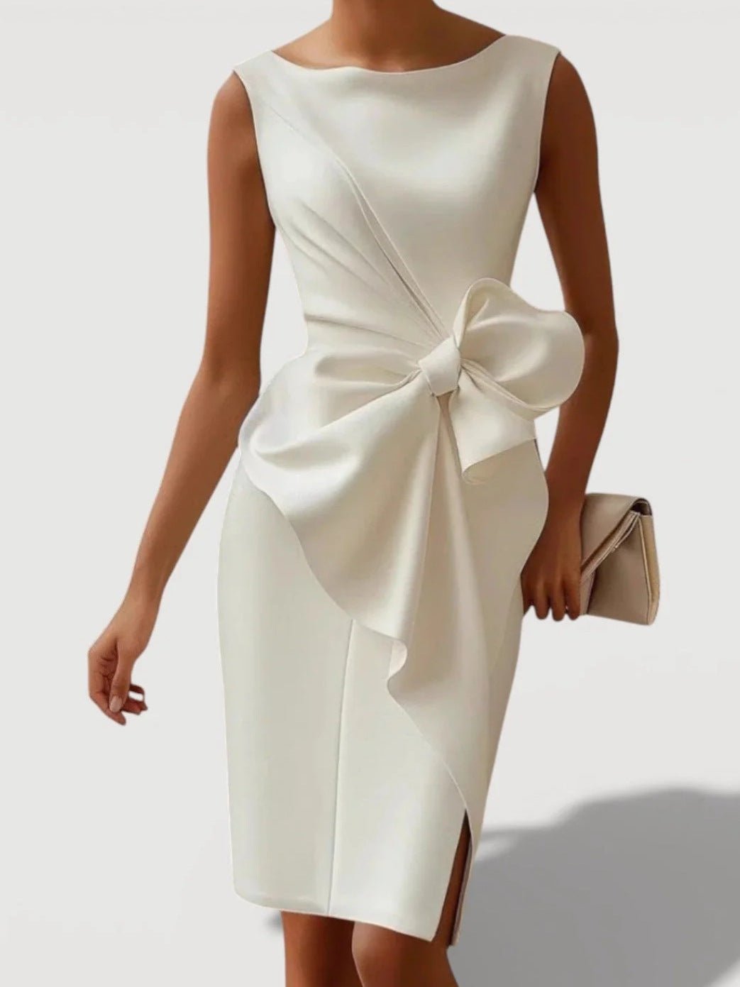 Mid - length Fitted Dress With A Cinched Waist And Bow Detail - LADYLINE X