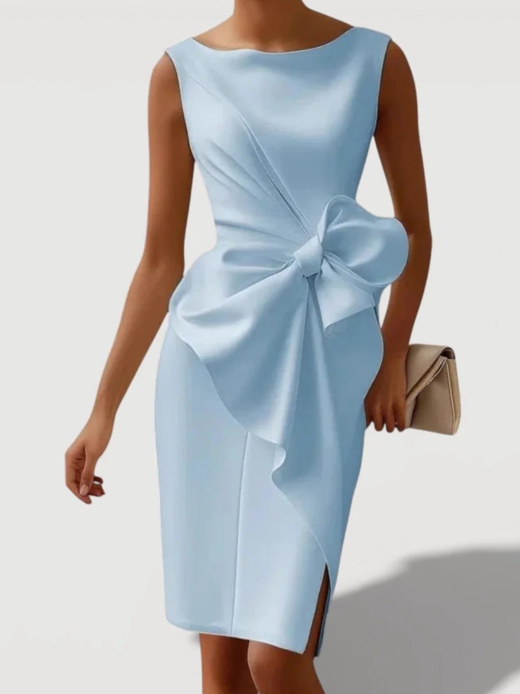 Mid - length Fitted Dress With A Cinched Waist And Bow Detail - LADYLINE X