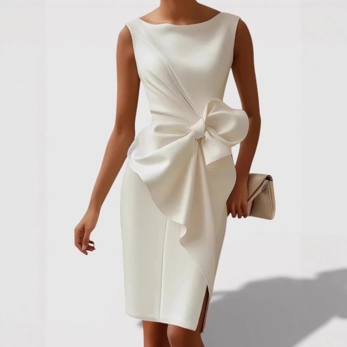 Mid - length Fitted Dress With A Cinched Waist And Bow Detail - LADYLINE X