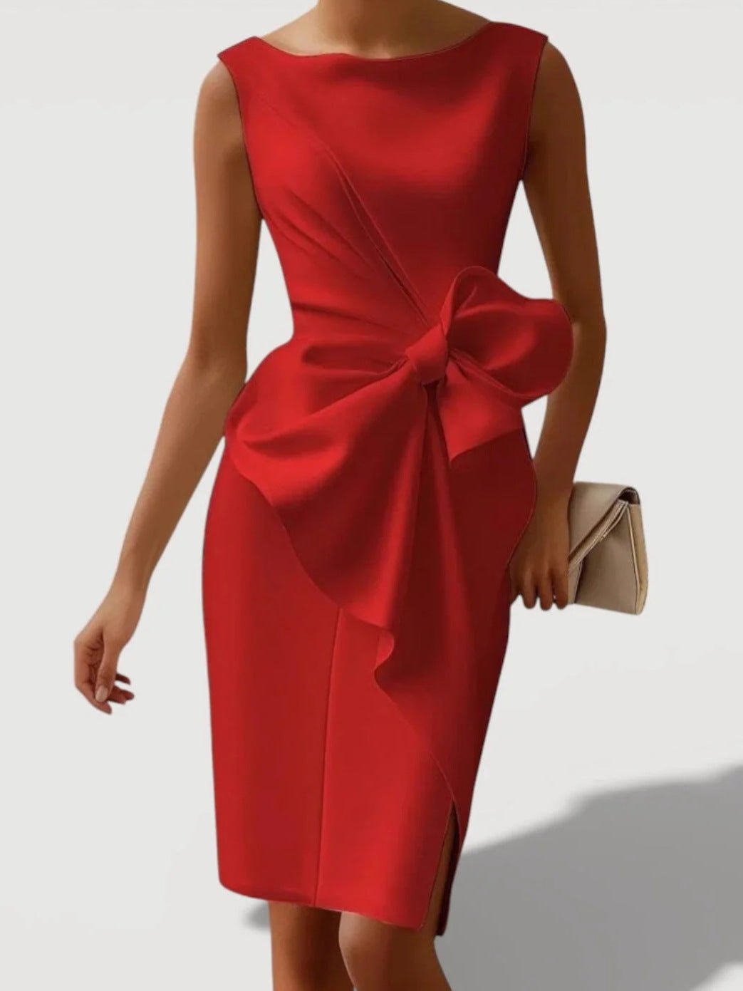 Mid - length Fitted Dress With A Cinched Waist And Bow Detail - LADYLINE X