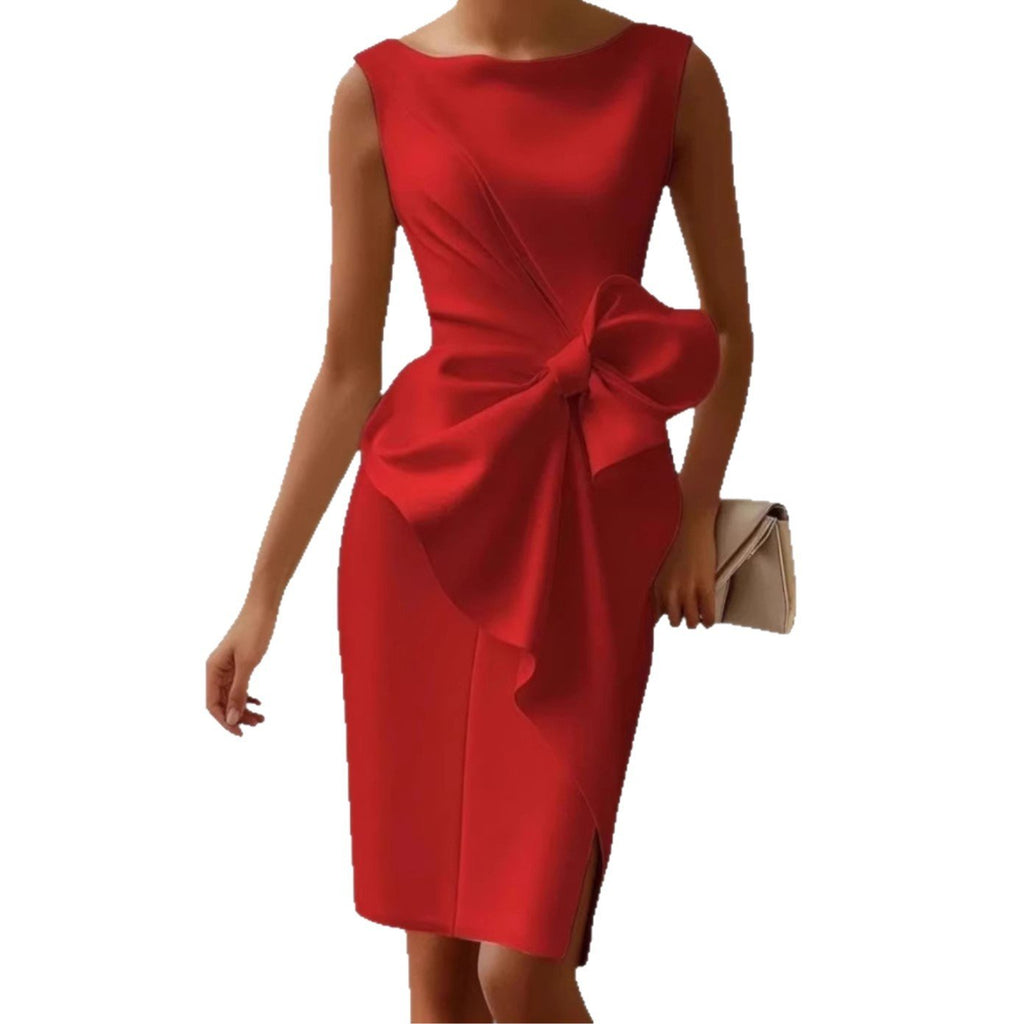 Mid - length Fitted Dress With A Cinched Waist And Bow Detail - LADYLINE X