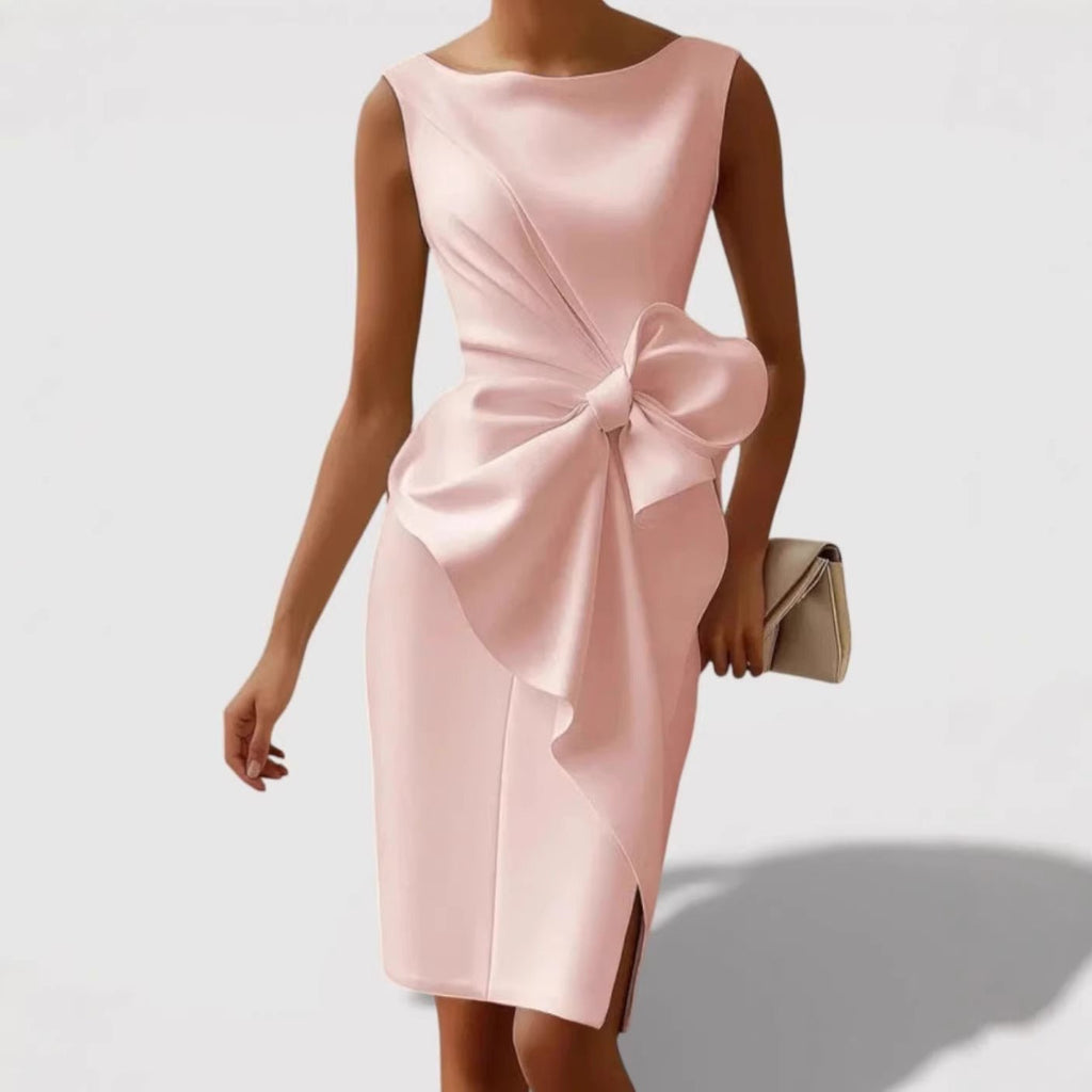 Mid - length Fitted Dress With A Cinched Waist And Bow Detail - LADYLINE X