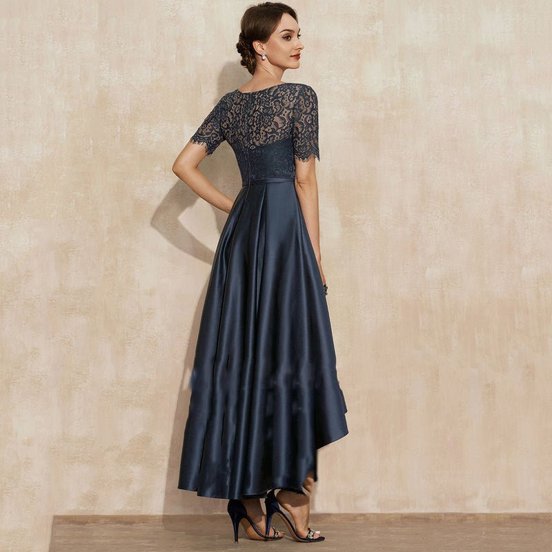Navy Blue Satin Ball Lace Short Sleeve Dress - LADYLINE X