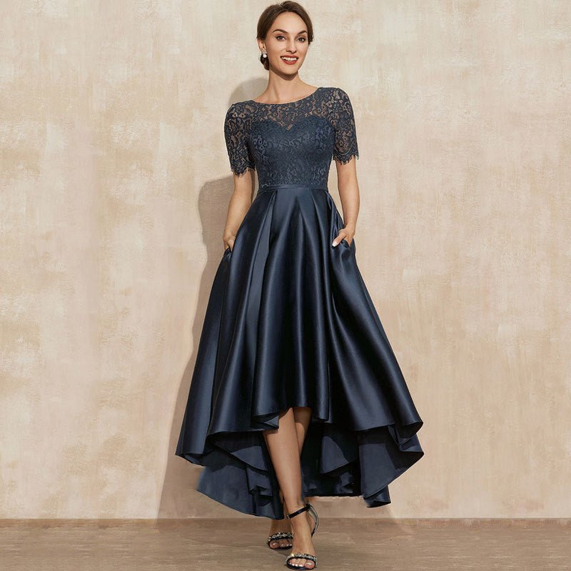 Navy Blue Satin Ball Lace Short Sleeve Dress - LADYLINE X