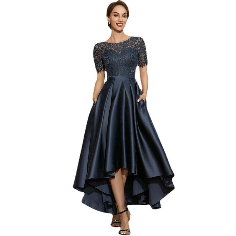 Navy Blue Satin Ball Lace Short Sleeve Dress - LADYLINE X