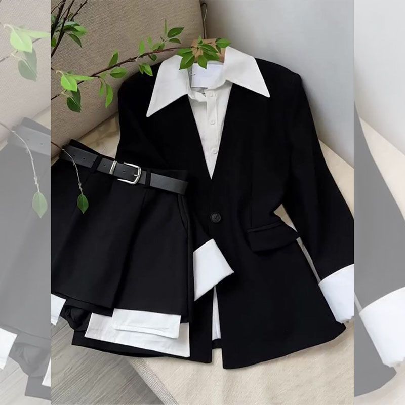 New Fake Two Pieces Suit Jacket Tops Pantskirt Two - piece Set - LADYLINE X