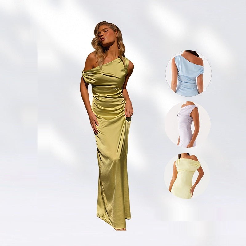New Solid - color Asymmetrical Neckline Pleated Long Dress - LADYLINE X