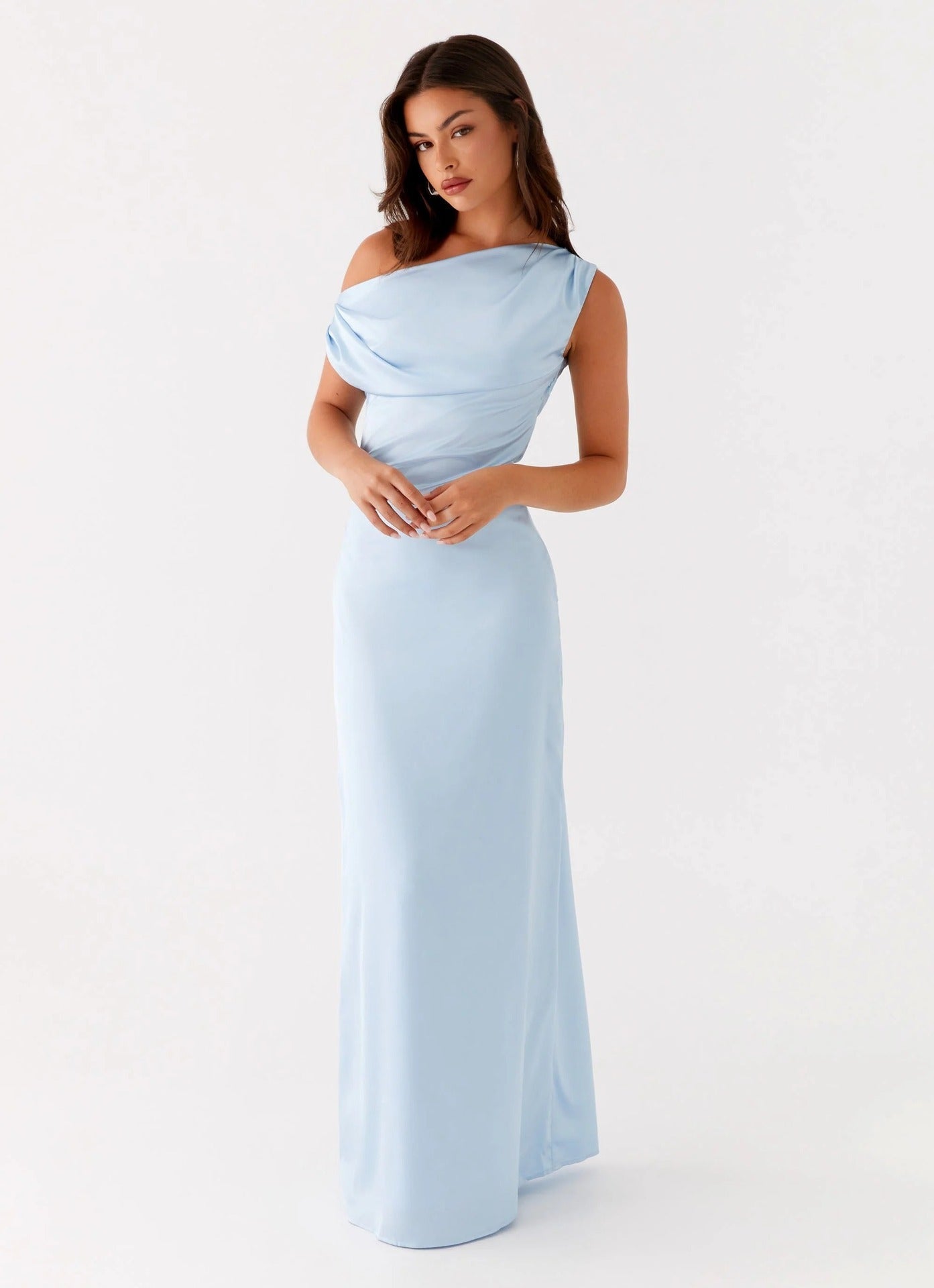 New Solid - color Asymmetrical Neckline Pleated Long Dress - LADYLINE X