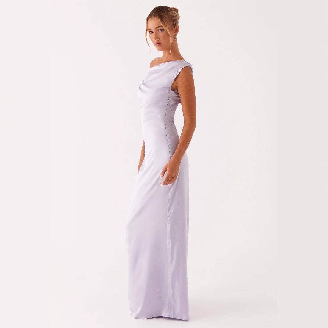 New Solid - color Asymmetrical Neckline Pleated Long Dress - LADYLINE X