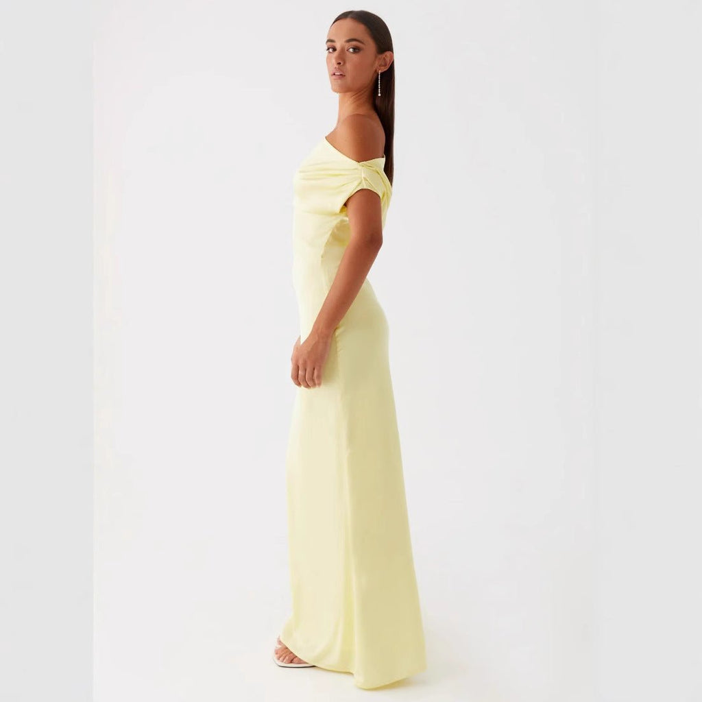 New Solid - color Asymmetrical Neckline Pleated Long Dress - LADYLINE X