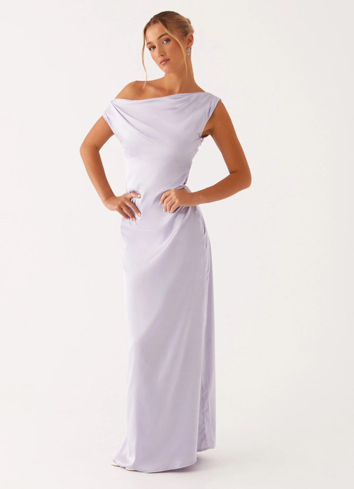 New Solid - color Asymmetrical Neckline Pleated Long Dress - LADYLINE X
