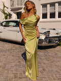 New Solid - color Asymmetrical Neckline Pleated Long Dress - LADYLINE X
