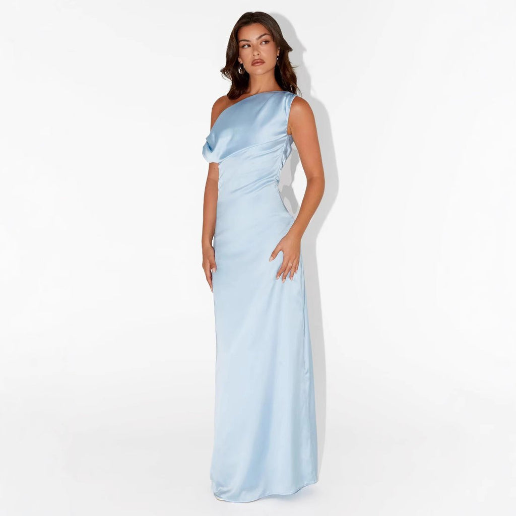 New Solid - color Asymmetrical Neckline Pleated Long Dress - LADYLINE X