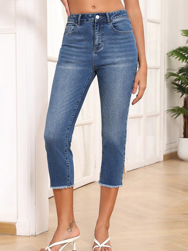 New Style Frayed Edge Slim Fit Women's Jeans Simple Versatile Capri Pants - LADYLINE X