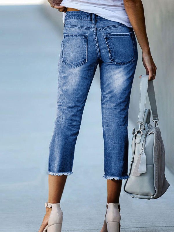 New Style Frayed Edge Slim Fit Women's Jeans Simple Versatile Capri Pants - LADYLINE X