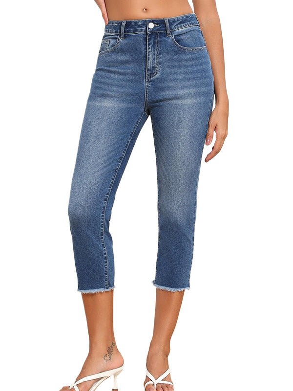 New Style Frayed Edge Slim Fit Women's Jeans Simple Versatile Capri Pants - LADYLINE X