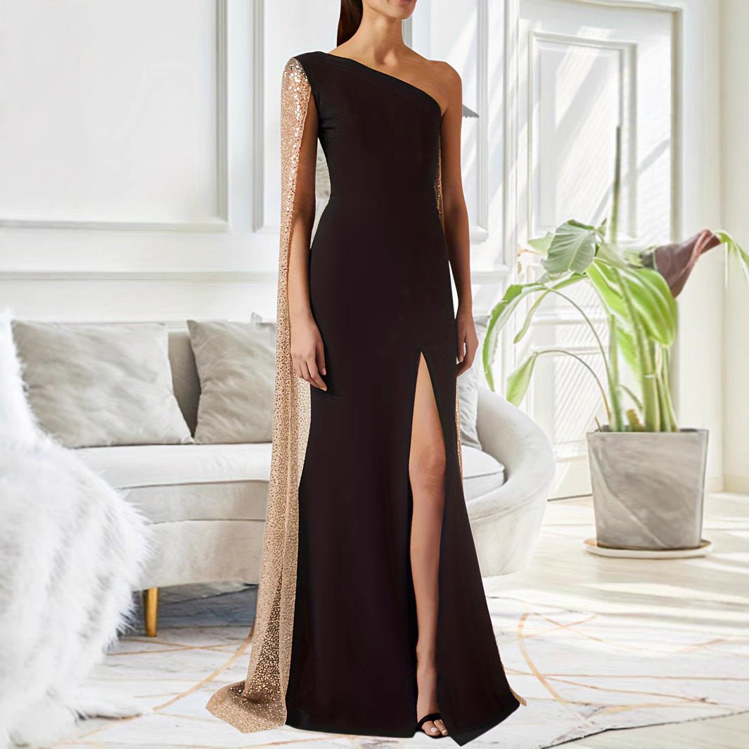 One - shoulder Cloak Slit Black Dress - LADYLINE X