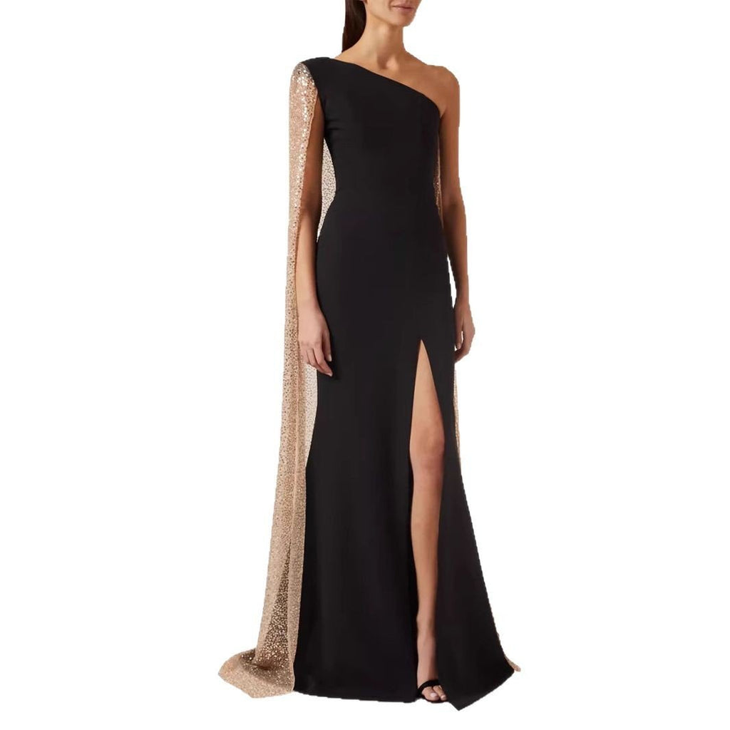 One - shoulder Cloak Slit Black Dress - LADYLINE X