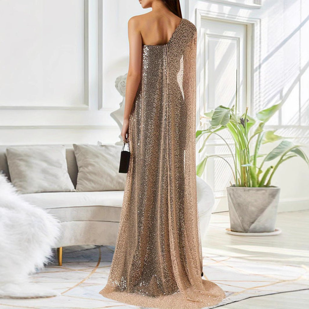 One - shoulder Cloak Slit Black Dress - LADYLINE X